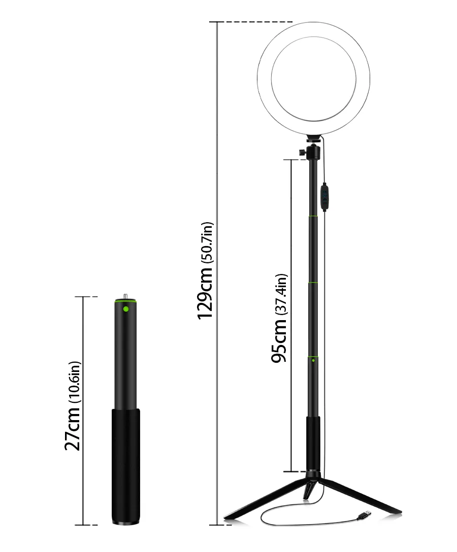 Luz da luz da luz do selfie com a lâmpada do anel do tripé do telefone com a vara remota do selfie de Bluetooth para a iluminação fotográfica da maquiagem VDIEO