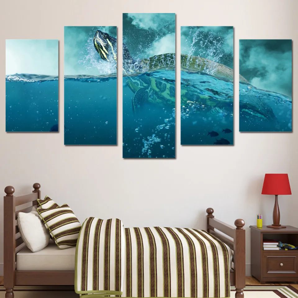 Woondecoratie Posters Moderne Wall Art 5 Stuks Dier Zee Schildpadden Foto's Framework Woonkamer HD Gedrukt Landschap Schilderij LJ200908