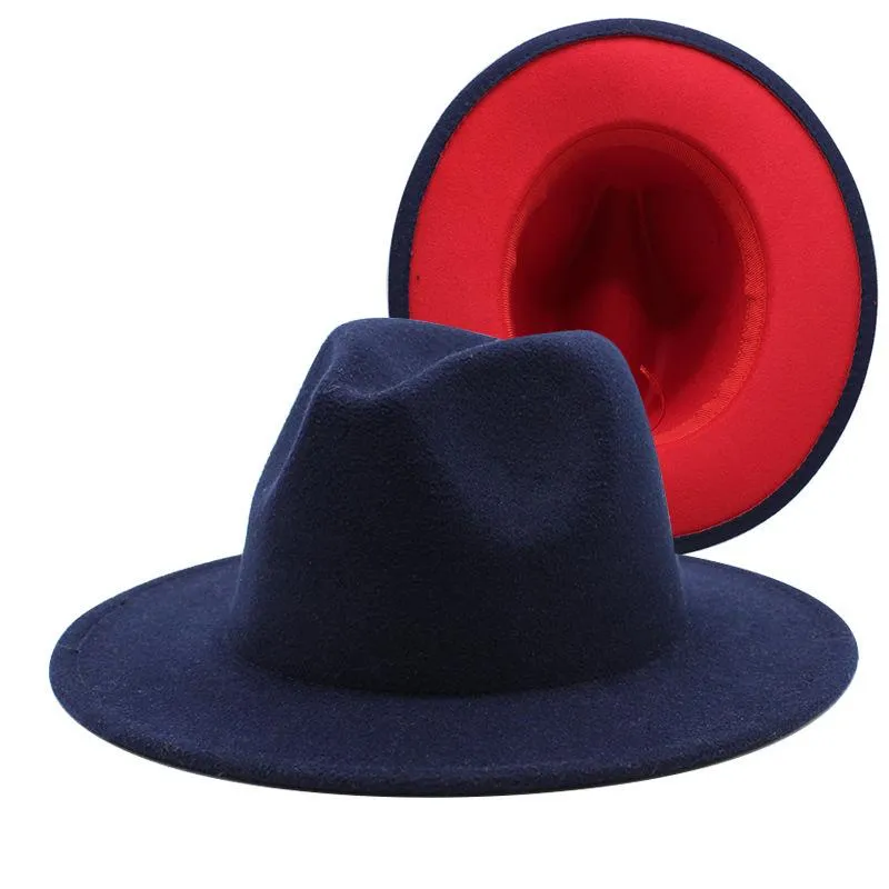 Einfache äußere dunkelgrüne innere rote Wollfilz-Jazz-Fedora-Hüte mit dünner Gürtelschnalle Männer Frauen breite Krempe Panama Trilby Cap 59-61CM322w