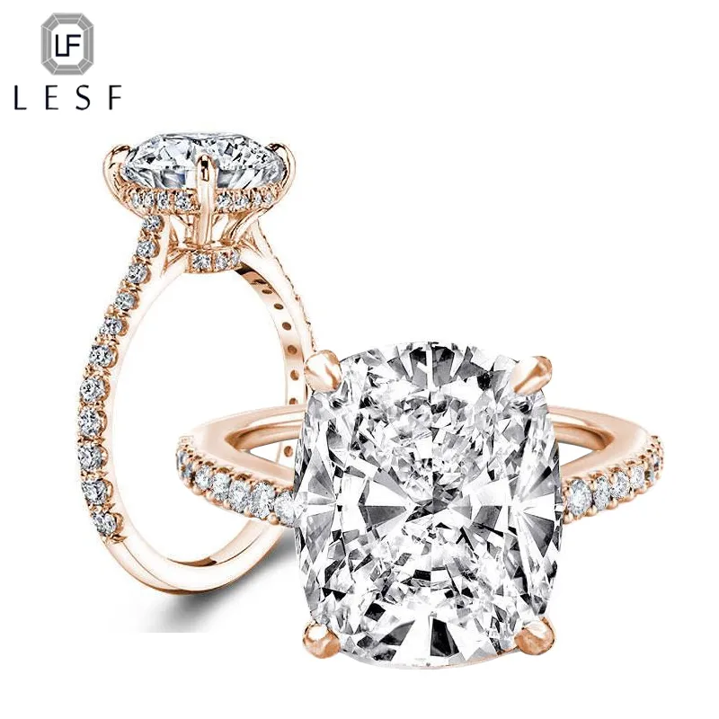 LESF 925 Sterling Silver 4ct Cushion Cut Ring 4 Prong Sona Simulated Diamond Engagement Jewelry For Women Big Stone Wedding Ring J0112