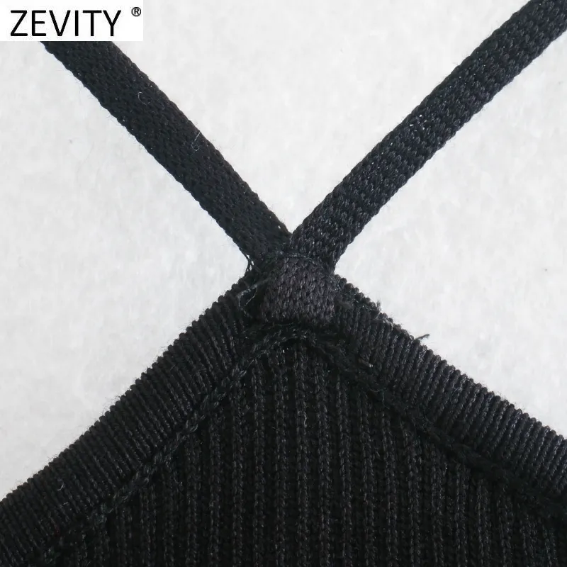 Zevity Women Sexy Off Shoulder Cross Strap Black Knitting Sweater Chic Female Long Sleeve Hollow Out Slim Pullover Tops S489 201221