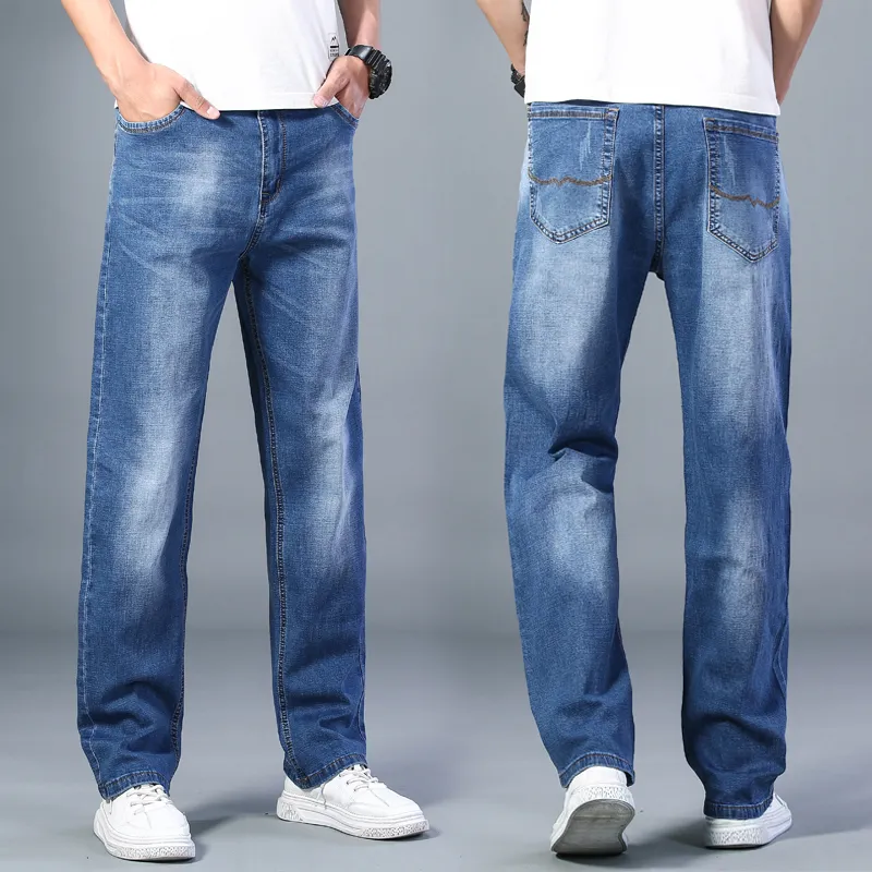 Available Men's Thin Straight-leg Loose Jeans Summer Classic Style Advanced Stretch Loose Pants Male Brand 201128