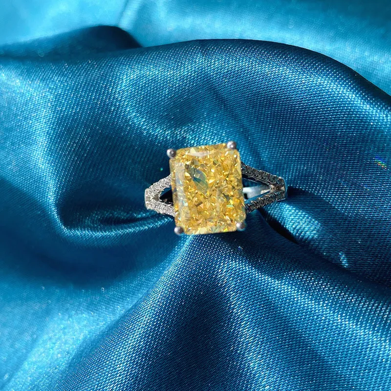 Pansysen Real 925 Sterling Prata Radiant Corte Criado Moissanite Citrine Gemstone Ajustável Anel de Diamante Diamante Anéis B1205