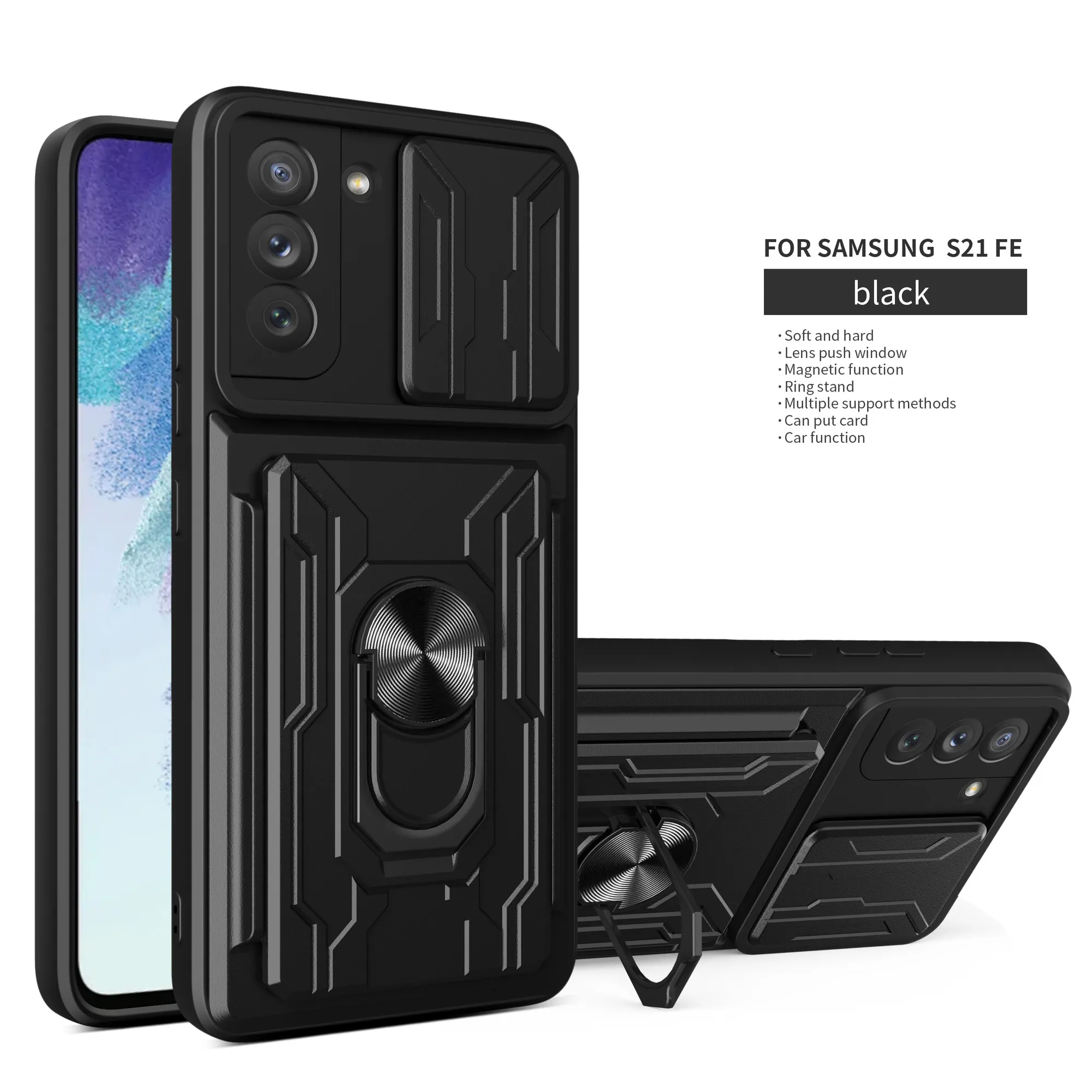 Coque arrière pour Samsung Galaxy S21, S22, S20 Ultra Plus, FE, A72, A12, A51, 5G, Protection de caméra coulissante, portefeuille, fente pour carte, étui de téléphone 2794812