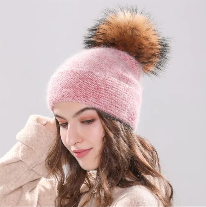 Nouveau chapeau d'hiver pour femme, Bonnet tricoté en fourrure de lapin d'Angola, Bonnet pour fille, casquette d'automne avec pom en fourrure pom259r