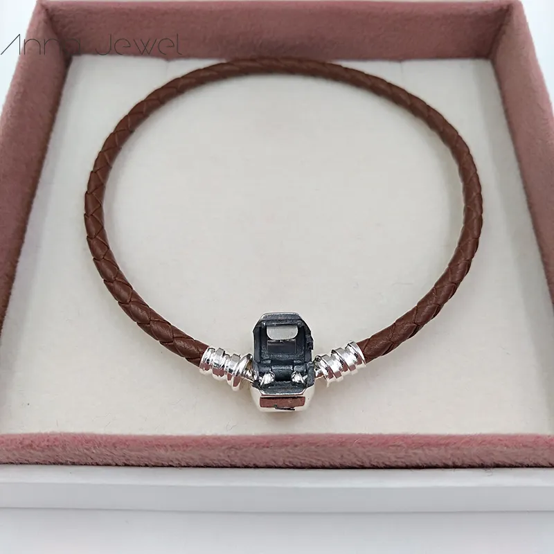 DIY Charms bijoux Pandora Authentique 925 Sterling Argent Fermoir Perle Timbre Original Bracelets En Cuir Tissé bracelet fabrication pour femmes hommes cadeaux d'anniversaire 590705CBN-D