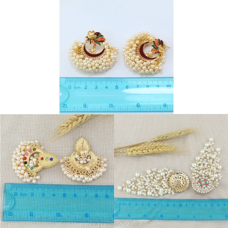 3 paia Bollywood Etnico Sposa Sposa Orecchini Kundan Perle di pavone Jhumka Jhumki Orecchini pendenti indiani Moda N30 20 Dropship B1205