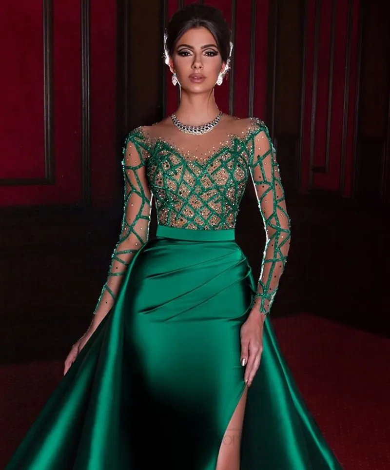 Elegant Mermaid Evening Dresses 2022 Green Formal Dress Long Sleeves Satin Sexy Slit Beads Party Prom Gowns vestidos de noiva282o