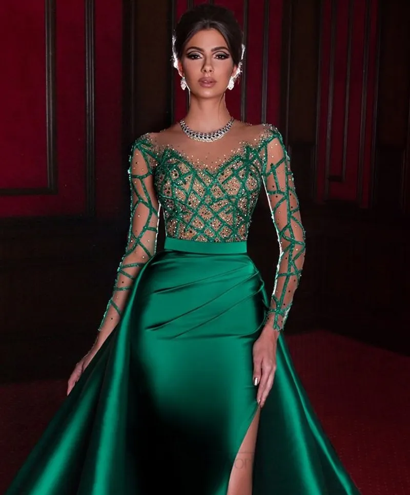 Robe de soirée de forme sirène, élégante, verte, manches longues, en Satin, Sexy, fente latérale, perles, robes de bal, 2022, robes de noiva282o