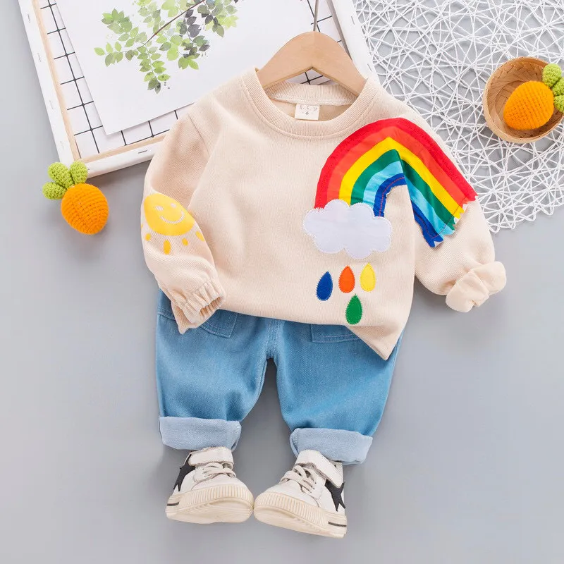Fashion Kid Boy Clothes Cotton Girls Rainbow Oneck Top Jeans Costume Casual Longsleeve Set for Baby Spring Denim Outfit2343237