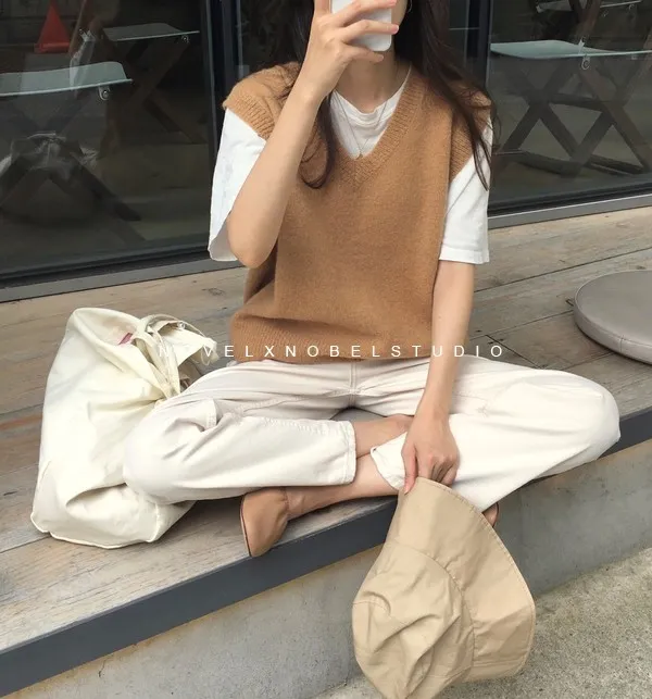 봄 한국 패션 니트 조끼 스웨터 여성 민소매 V 넥 솔리드 캐주얼 느슨한 사무실 풀오버 탑스 핑크 낙타 210518