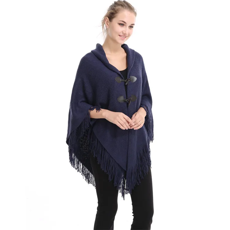 Moda kobiety poncho tassel kobieta paszmina rogu guziki szalowe szalik samica luźne ponchos wełna wełna peleryny szalom 201214