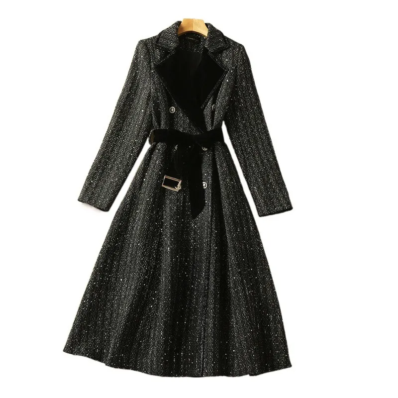 2021 hiver manches longues revers cranté couleur contrastée noire Tweed ceinturé paillettes double boutonnage mélanges de laine manteau élégant long manteaux d'extérieur 21D161103