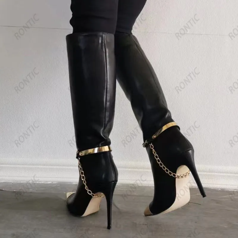 Rontic fait à la main femmes hiver genou bottes Faux cuir Sexy chaîne talons aiguilles bout pointu noir blanc fête chaussures taille 35-47