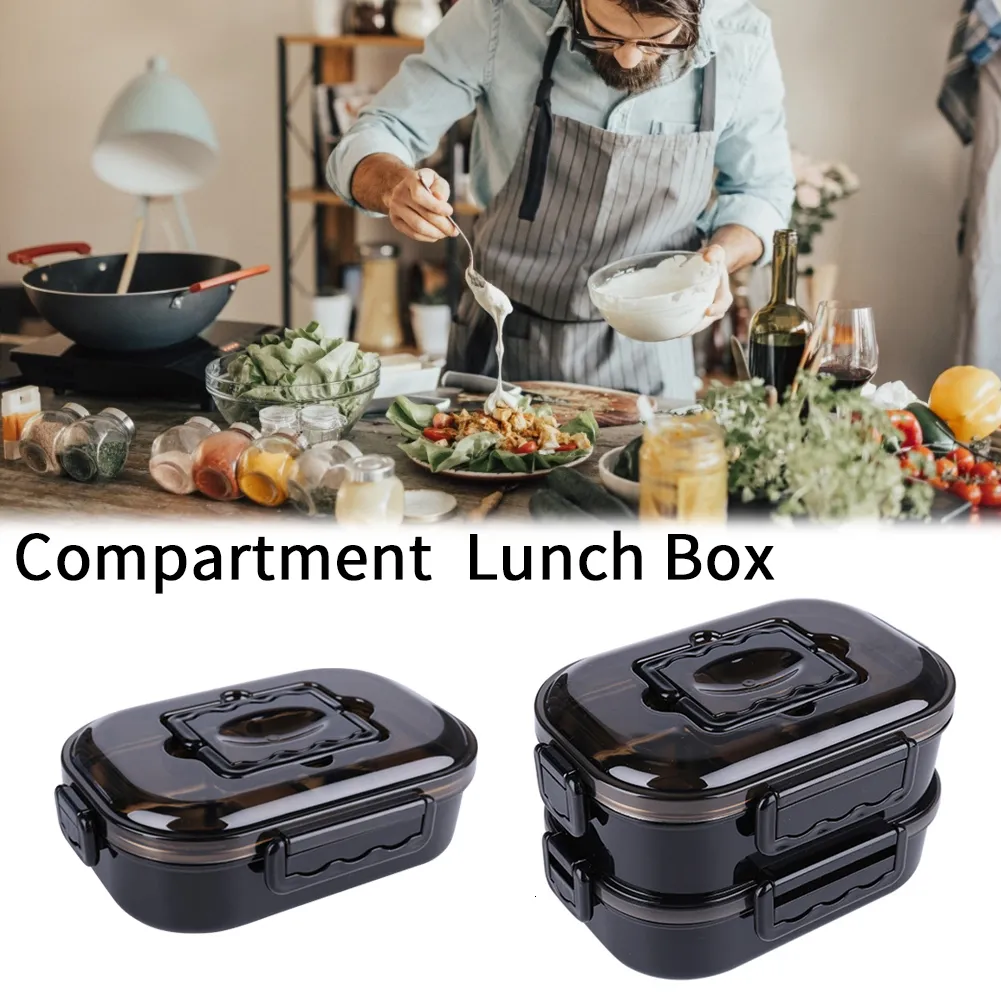 1 juego de caja de almuerzo de doble capa Contenedores de caja de almuerzo de acero inoxidable con compartimentos Caja de contenedor de alimentos Bento portátil Negro Y200429