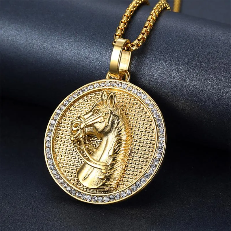 Jockey Club Pendant Gold Color Stainless Steel Horse Head Men Necklace Iced Out Rhinestones Hip Hop Unisex Jewelry1229g