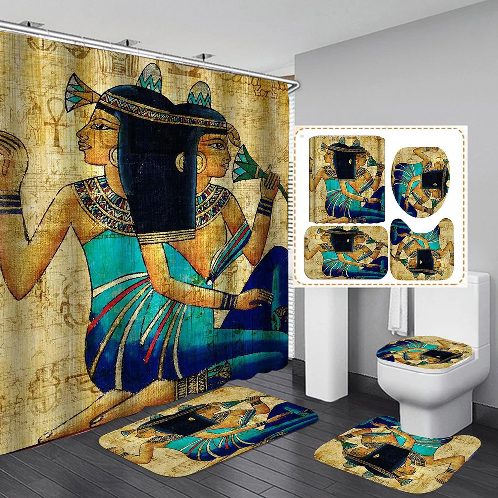 Ancient Egyptian Women Shower Curtain Polyester Fabric Bathroom DIY Decor Retro Design Carpet Cover Toilet Mat T200711