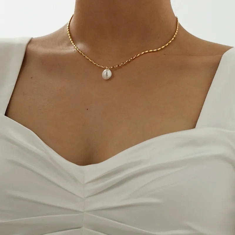 Com contas de ouro 18k chian real pérola gargantilha colar designer t mostrar vestido de pista raro ins japão coreano boho topo 2202127800007