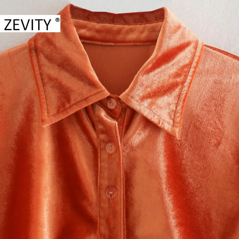 Zevity秋のファッション女性オレンジ色の色のプリーツのシングルブレストスリムシャツのドレス女性長袖ベルベットvestido DS4617 Y0118