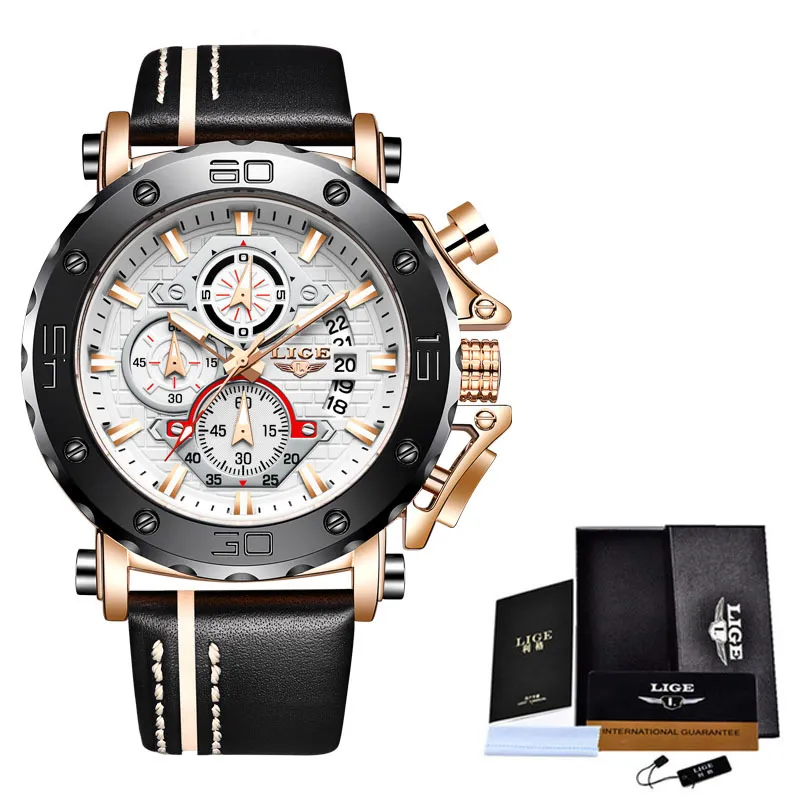Najlepsze marka Lige Men Watches Fashion Sport Skórzany zegarek męski Data Wodoodporna kwarc Chronograf Relogio Masculino Box 210310272l