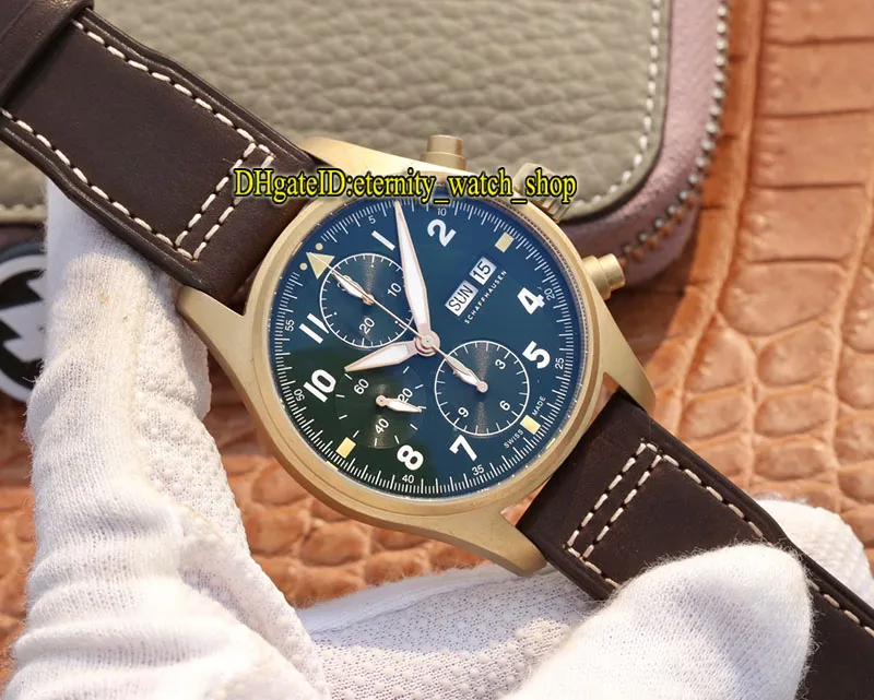 2020 ZFF Nieuwste Spitfire Fighter Series Bronze Case 387902 Groene wijzerplaat ETA A7750 Chronograaf Mechanisch Herenhorloge Stopwatch Watche297L