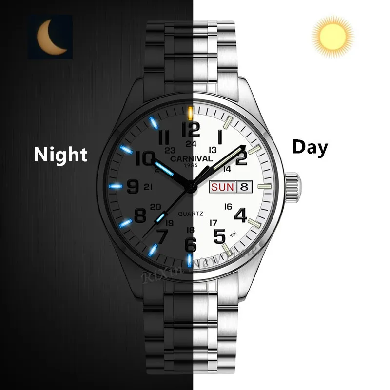 Carnival Tritium Light Men Watch Quartz dubbel kalenderdatum tritium lysande vattentät 200 m militär dykning klockor safir t20243x