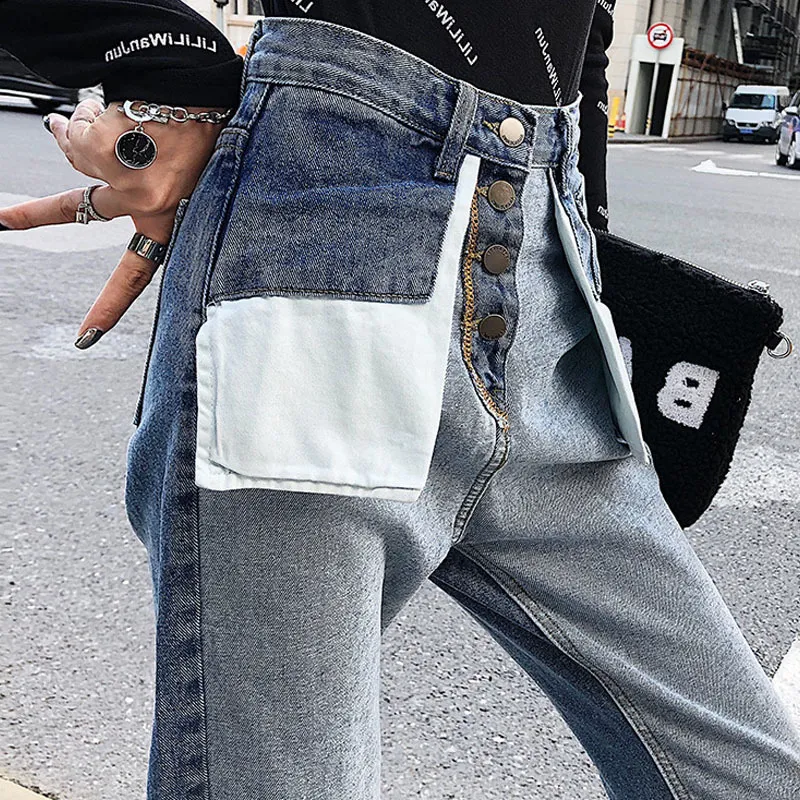 Stitching Reverse Pockets High Waist Boyfriend Jeans For Women Buttons fly Jeans Mom Patchwork Loose Straight ankle Denim Jeans LJ200811