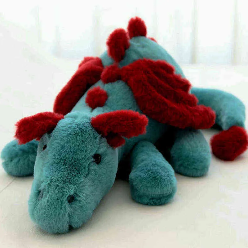 Fluffy Hair Blue Pterosauria Dragon Kanin Plush Toy Stuffed Evil Red Fly Wings Fire Plushies Doll Leksaker för barn Pojke 220119