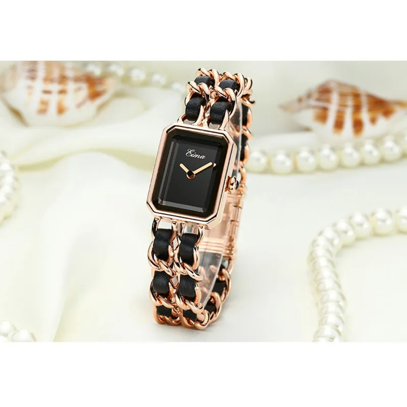 New Arrival Gold Watch Women Dress Luxurys Stainless Steel Chain With Leather Fashion Lady Bracelet Quartz Wristwatches315l