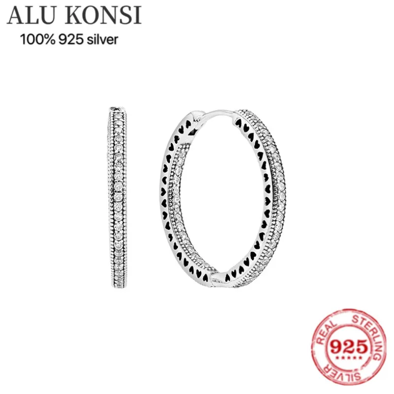 Eye-catching Large 925 Sterling Silver Hoop Earrings for Women Feature Glitterling Clear Stones & Classic Cut-out Hearts 220211