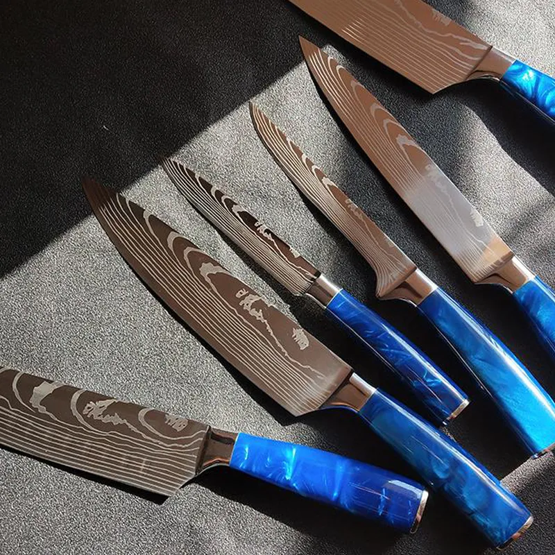 Juego de cuchillo de cocina 10 piezas Chef Knife Professional Japonés 7CR17 Láser de acero inoxidable Damasco Damasco Santo Santoku Blue Resin H9026395