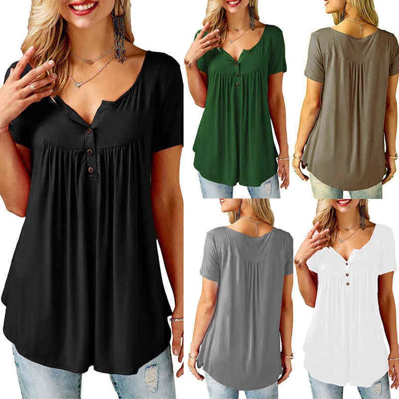 Frauen Casual Kurzarm Lose T-Shirts Einfarbig Taste Plissee Tunika Tops v-ausschnitt weibliche Pullover Tops Sommer Kleidung G220228