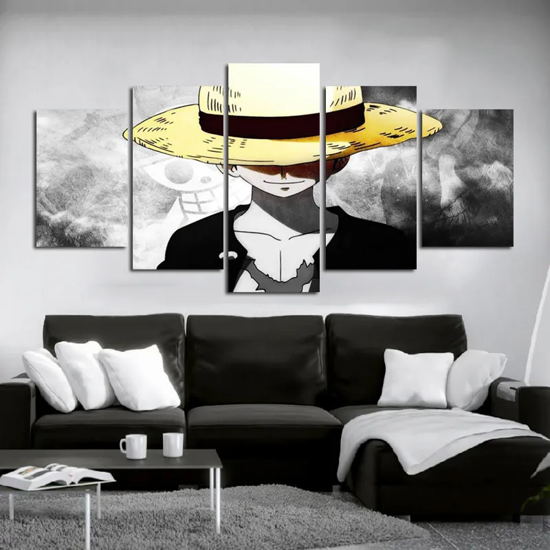 Style moderne toile peinture affiche murale Anime une pièce personnage singe Luffy avec un chapeau d'or pour la décoration des chambres à la maison 7521857