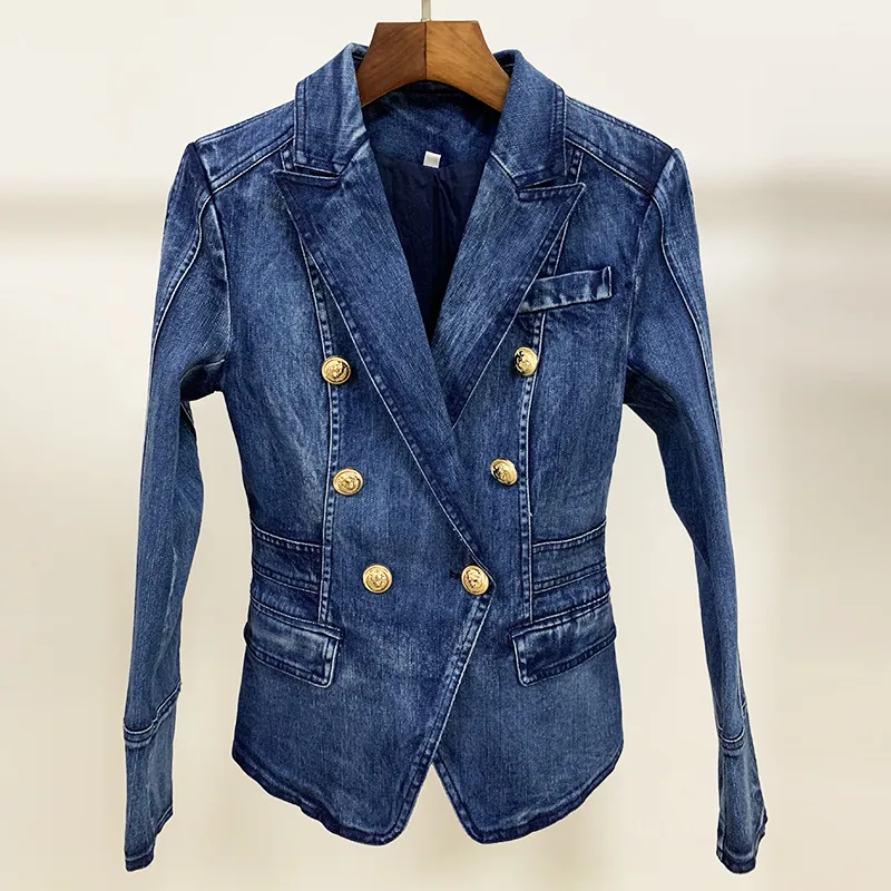 HIGH STREET Nuova moda 2020 Designer Giacca sportiva da donna Bottoni in metallo con leone Doppio petto Giacca in denim Cappotto esterno LJ201212