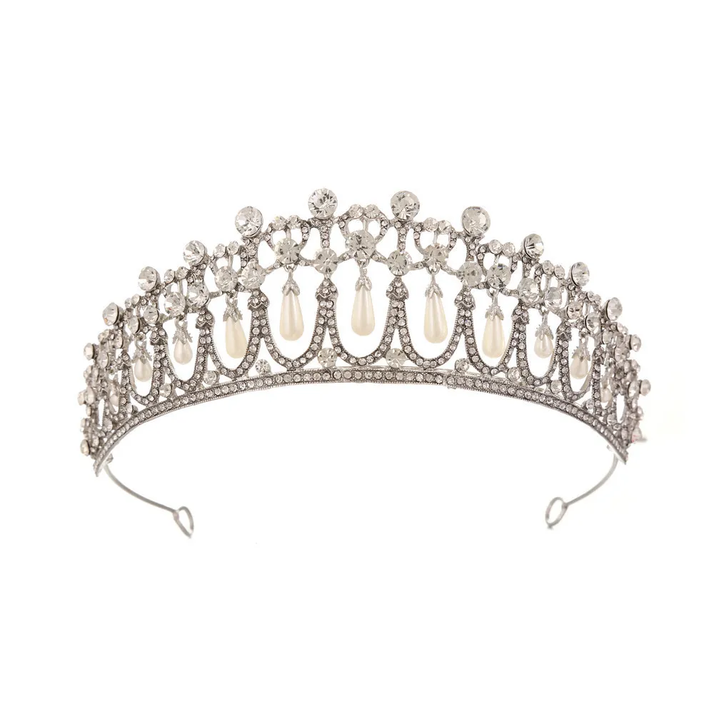 Veilige verpakking Vintage Zilveren Koningin Prinses Diana Crown Crystal Pearl Diadem voor Bruids Haaraccessoires Bruid Tiara Hoofdbanden J0121