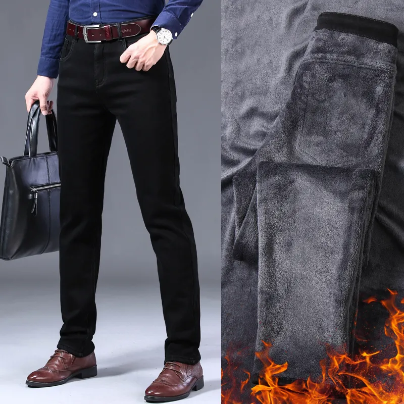 Jeans pour hommes Hiver Hommes Noir Slim Fit Stretch Épais Velours Pantalon Chaud Casual Polaire Ligne Pantalon Mâle Plus Taille 220922
