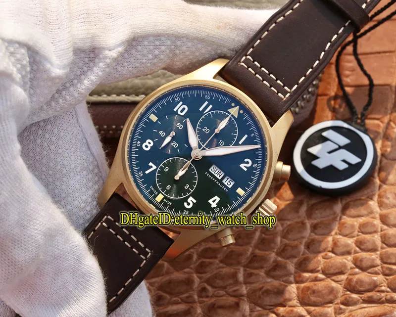 2020 ZFF Dernières Spitfire Fighter Series Boîtier en bronze 387902 Cadran vert ETA A7750 Chronographe Montre mécanique pour homme Chronomètre Watche298r