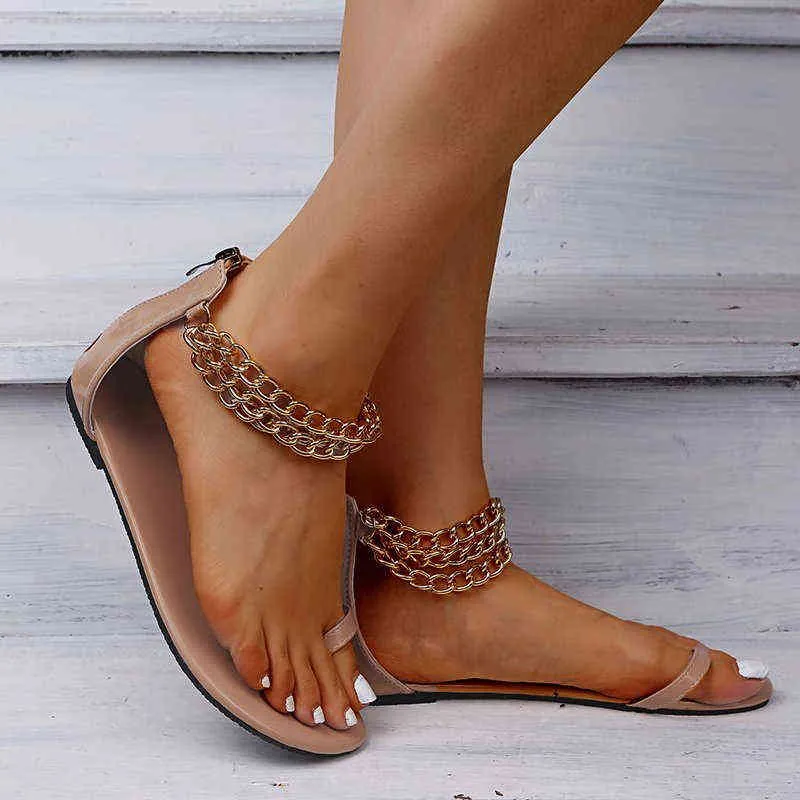 Elbise Ayakkabı Flats Klip-Toe Zincir Sandalet Yaz Tasarımcısı Yılan Derisi Seksi Kadın Terlik Rahat Plaj Slaytlar Flip Flop Mujer 220303