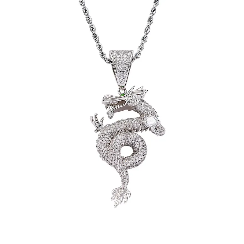 Hip Hop Micro Paved AAA CZ Stone Bling Iced Out Oriental Dragon Shenlong Pendants Necklaces for Men Rapper Jewelry J1218280K