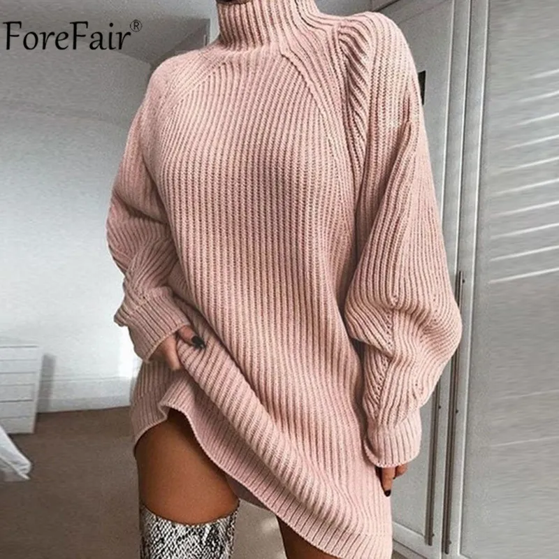 Forefair dolcevita manica lunga abito maglione donna autunno inverno tunica allentata lavorata a maglia abiti casual rosa grigio abiti solidi F1202