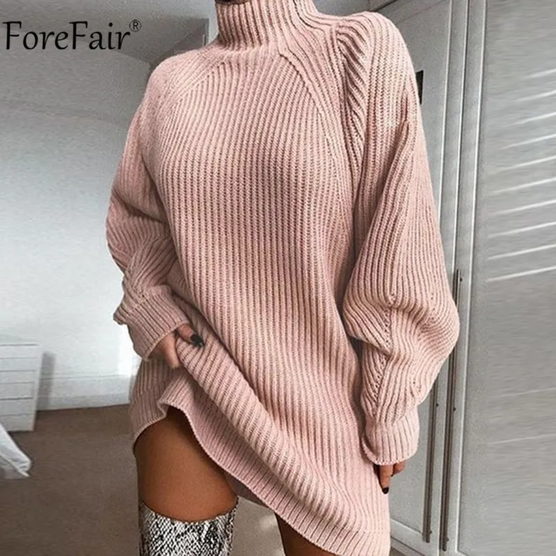 Forefair Turtleneck Długi rękaw Sweter Sukienka Kobiety Jesień Zima Luźna Tunika Dzianiny Dorywczo Różowe Szare Odzież Solid Sukienki F1202