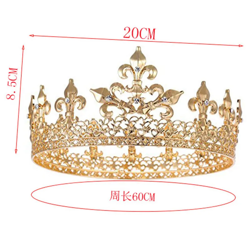 Barock Vintage Royal King Crown for Men Full Round Sliver Big Gold Tiaras och Crowns Prom Party Kostym Hårtillbehör 220301