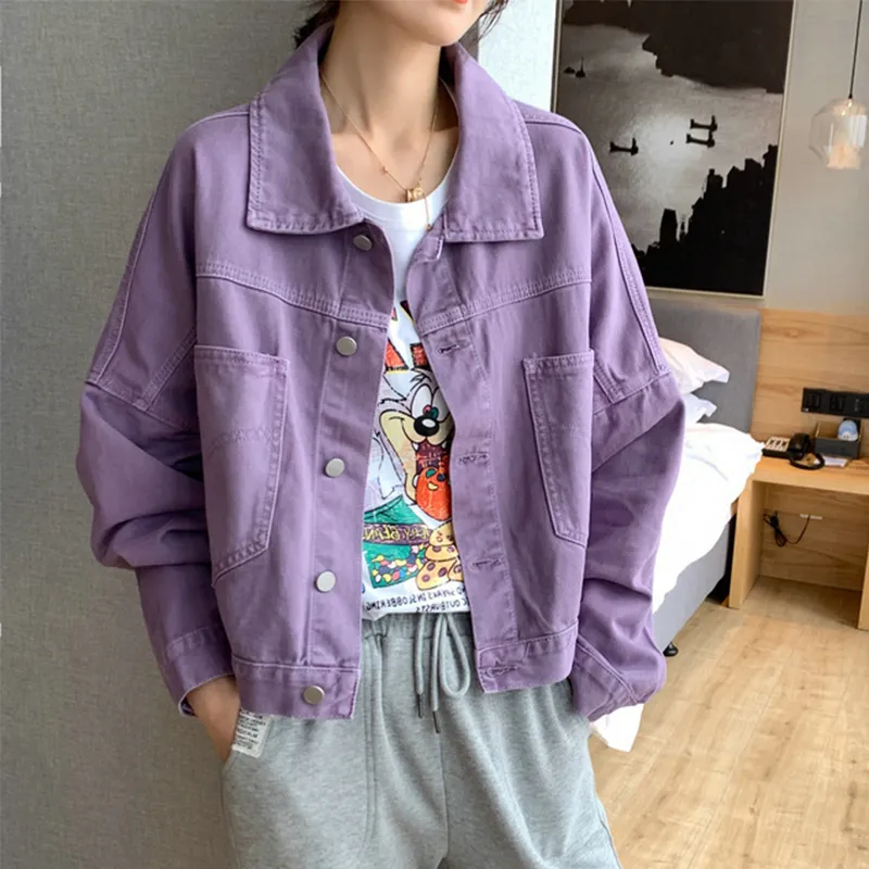 Solid Turn-down Collar Jean Jacket for Women Loose Casual Purple Fashion Coats Korean Style Female Denim Short Top Feminine LJ200825