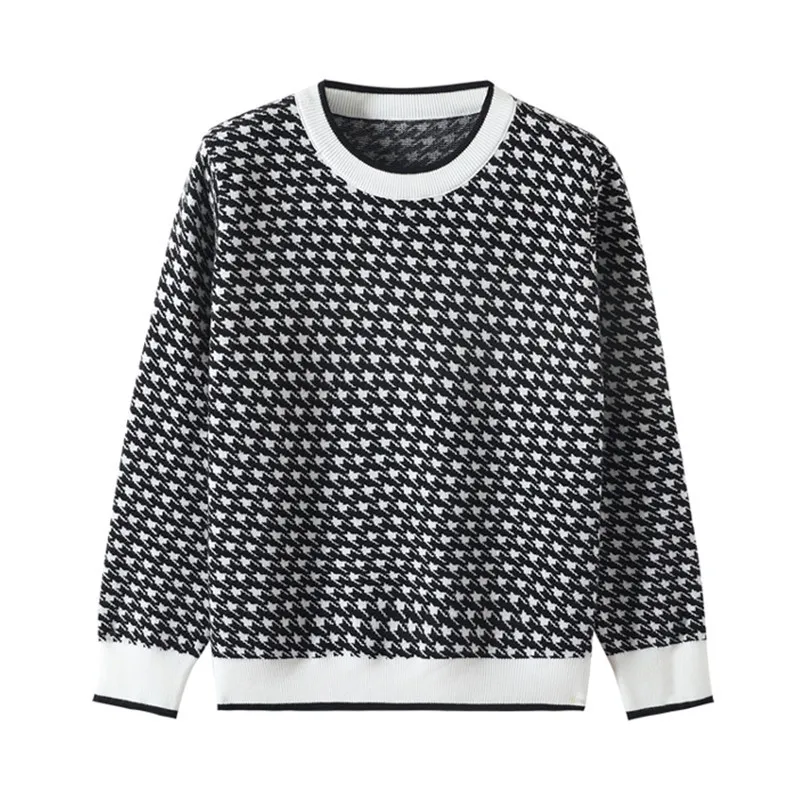 Kvinnor geometriska khaki stickad tröja avslappnad hundstoth lady pullover tröja kvinnlig höst vinter retro jumper c-272 201222