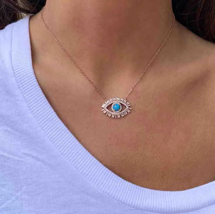 Trendy 18k Gold Plated Turkish Evil Eye Necklace Lucky Girl Gift Baguette Cubic Zirconia Turquoise Geomstone Top Quality Evil Eye Jewelry