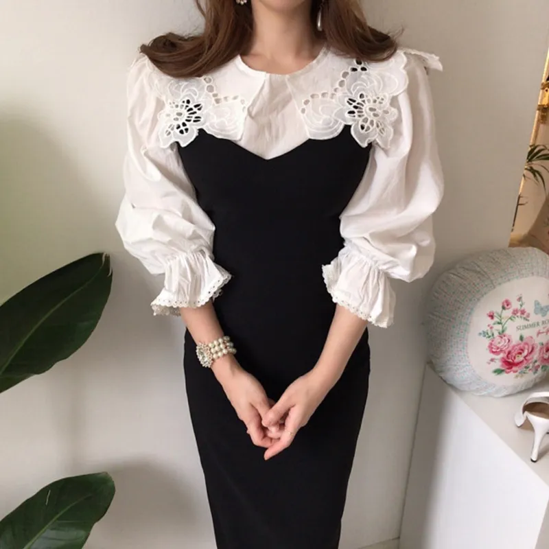 Gaganight Elegant Vintage Mulheres Dois Partes Set White Hollow Shirt Black Sem Mangas Maxi Sexy Dress Plus Size Spring Fashion LJ201120