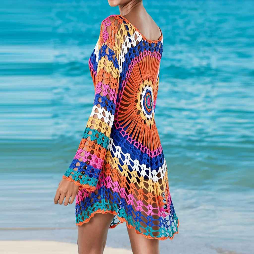 Summer Casual Hollow Out Bikini Beach Cover Up Fishnet Crochet Beach Dress Women Swimwear Beach Wear Pareo Saida De Praia T200324