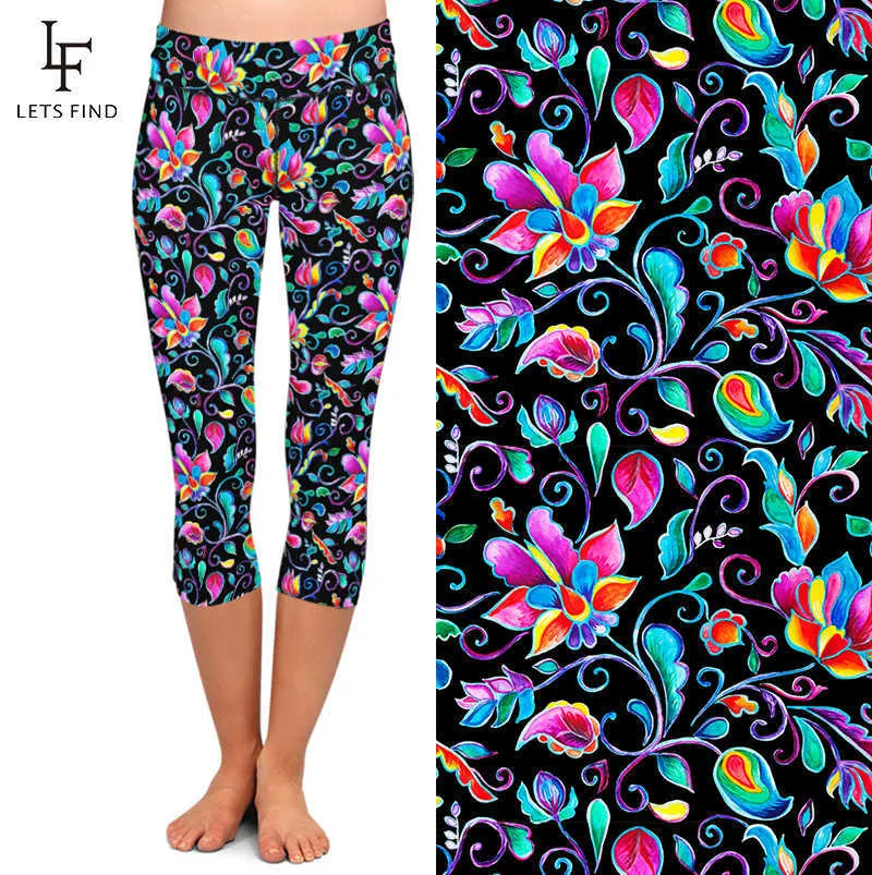 LETSFIND Sommer Frauen Schwarz Leggings Hohe Elastische Milch Seide Blumen Druck Taille Fitness Casual Mid-Kalb 211221