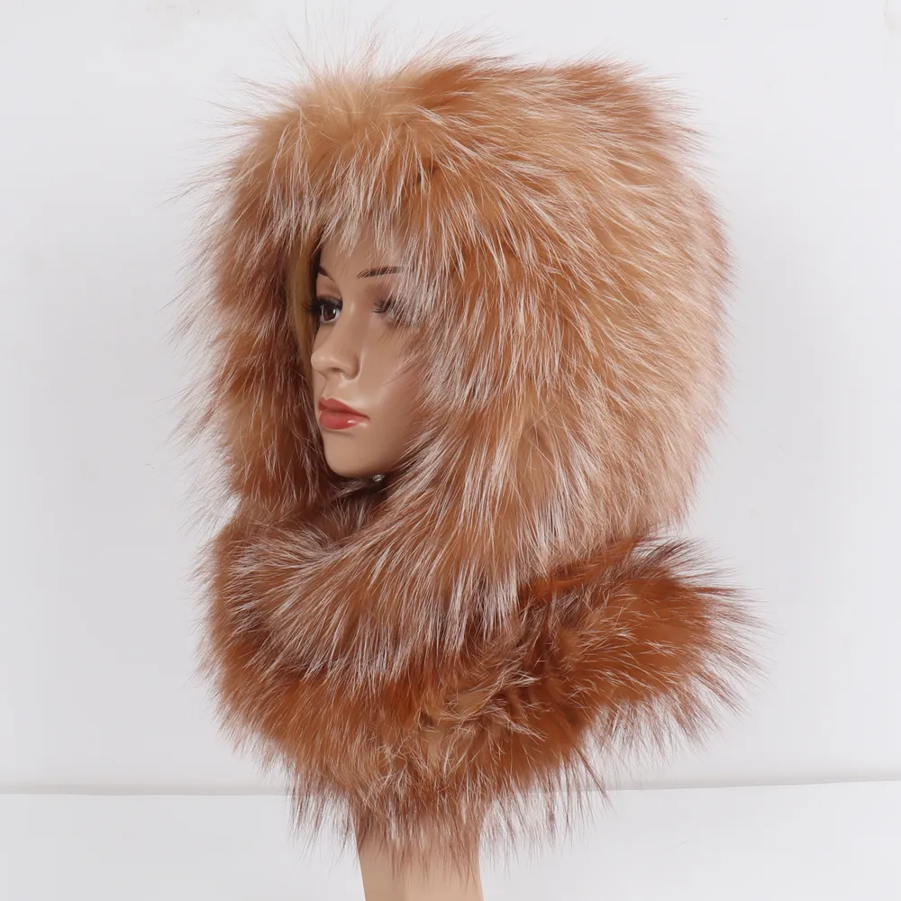 New Arrival Lady Real Fox Fur Hat&Scarf Winter Warm y Natural Fox Fur Hats&Scarves Women Knitted Genuine Fur Hooded Muffle 2012153020379