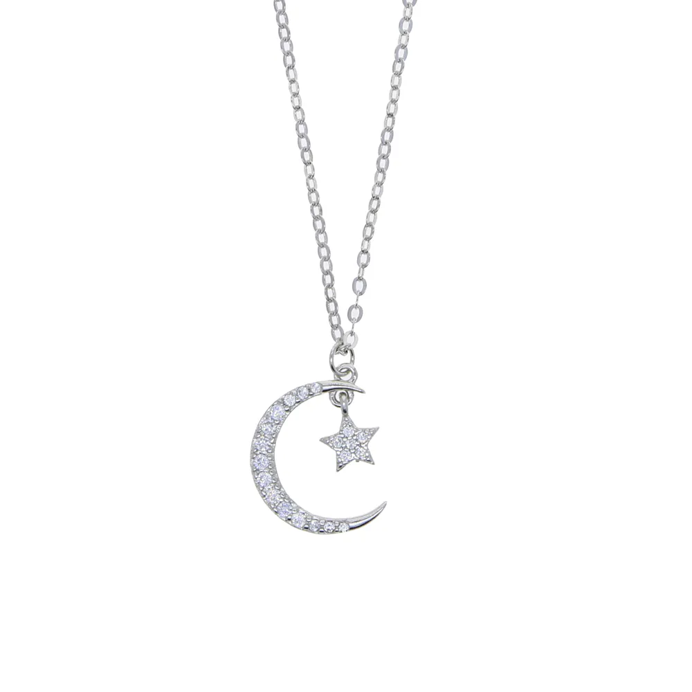 100% 925 Sterling Silver Christmas Gift CZ Paved Cute Lovely Moon Star Charm Delicate Silver Necklace234e